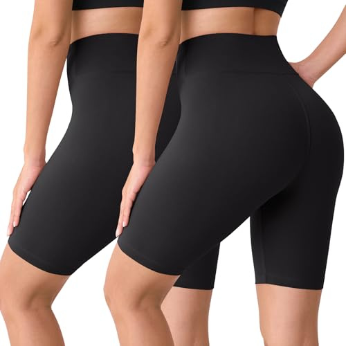 BAYDI Creamlush Pantalones de ciclismo para mujer, 20 cm, cómodos, cortos, pantalones deportivos con cintura alta, para yoga, pilates, tiempo libre, uso diario, 2 Pack - Negro/Negro, M-L