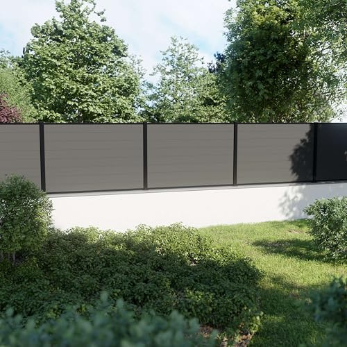 DECKLINEA Kit Clôture Composite sur Muret RIO Platine 7,5x1,2m - Bois composite & Aluminium - Poteaux sur Platines Noir - Brise vue