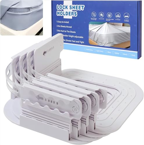 We Make Hope 4 Stück Bettlakenspanner, Spannbettlakenhalter mit Verschlussstreifen, rutschfeste Bettlakenhalter für Bettwannen, Bettlakenregal mit Sperrstreifen für Alle Matratzengrößen (Weiß)