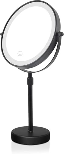 Nicesail Tischspiegel Höhenverstellbar Schwarz Schminkspiegel mit Beleuchtung Wiederaufladbar Kosmetikspiegel mit Vergrößerung 10x,Durchmesser 20cm