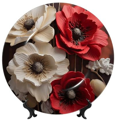 HJTRW Assiette décorative en porcelaine anglaise avec support de présentation - Fleurs rouges et blanches - Assiettes rondes à suspendre au mur - 25,4 cm