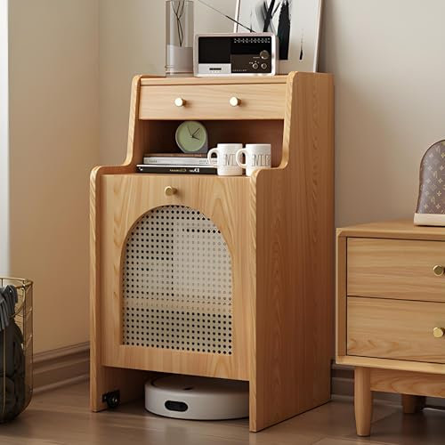 Valdoza Mueble con Ruedas para Robot Aspirador – Armario Oculto con Puertas y Cajones – Organizador Móvil para Salón, Dormitorio, Cocina – Madera Maciza, Fácil Cambio de Agua(Yellow)