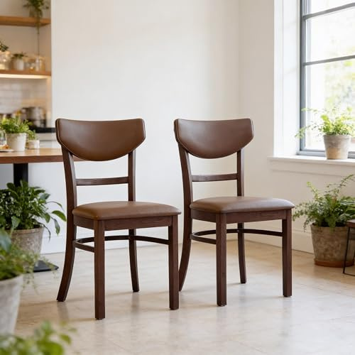 Livinia Bay Dining Chair Set of 2, Solid Malaysian Oak PU Leather Upholstered Cushion Seat, Curved Back Side Chairs (Walnut)