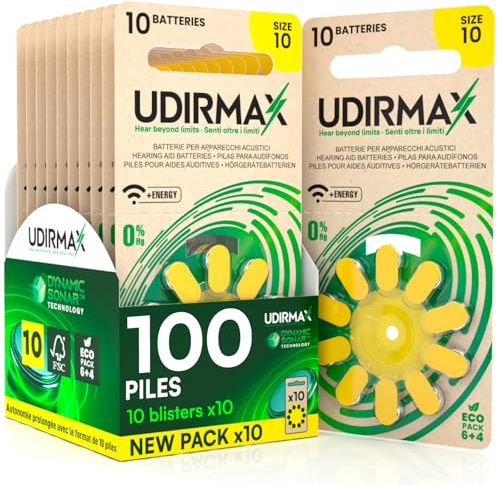 100 Pilas para Audífonos Tamaño 10 PR70 (Amarillo) - Pilas Zinc-Aire Udirmax con Tecnología Dynamic Sonar - Formato Eco Pack - 10 Blísteres Ecológicos de 10