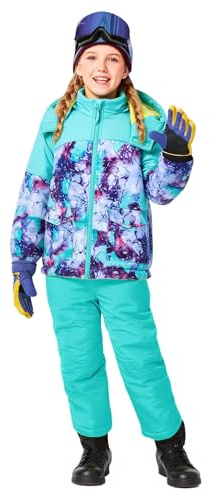 Haloumoning Girls 2 Piece Snowsuit Kids Waterproof Fleece Lined Ski Jacket and Snow Bibs Overalls Set 5-14 Years