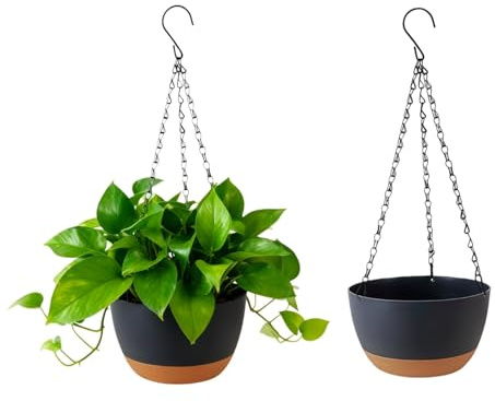 MxSplorion Hanging Basket, 20cm Outdoor Hanging Plant Pot Basket,Flower Pot with Drainage Hole with Chain Hooks for Garden Home, Dark Grey 2pcs