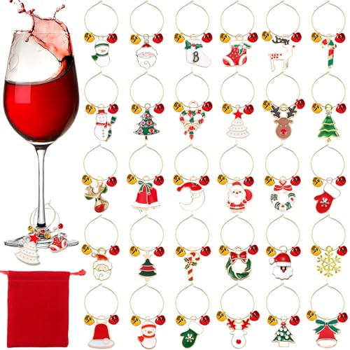 Viicoor 30Pcs Christmas Wine Charms, Wine Charms for Stem Glasses, Glass Identifiers Wine Tasting Party Favors for Christmas Party Holiday Decorations