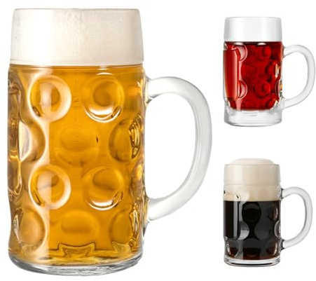 Chabrias Ltd German Beer Stein Glass 2 Pint Capacity + 2 Free Mini Shot Tankard | Classic Beer Tankard Mug for Oktoberfest, Authentic Bavarian Style Drinking Glassware, Durable Steins & Gift Idea