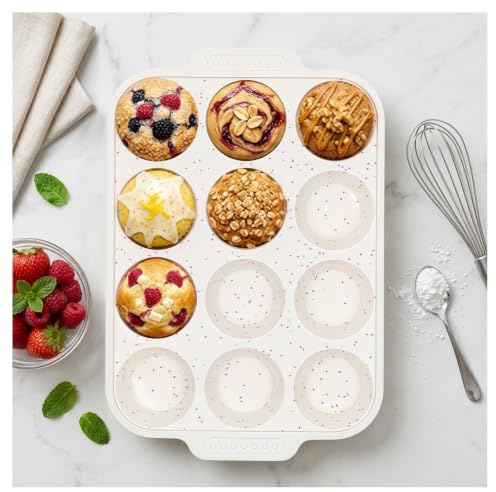 Vinino Silicone Muffin Pan for Baking with Metal Reinforced Frame, 12 Cups Regular Size Silicone Cupcake Pan with Non-Slip Handle, Nonstick Muffin Tray for Oven, BPA Free, Dishwasher Safe