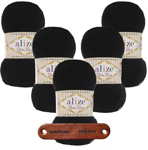 ALIZE 5 x 100g Baby Best 60 Black Premium Wolle babyweich ohne Fusseln für Babykleidung Decken und Accessoires hautfreundlich pflegeleicht für das ganze Jahr mit mySearose Label