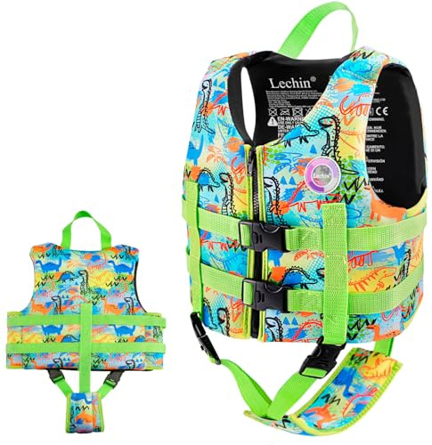 Lechin Schwimmweste Kinder für 30~35kg (6~9 Jahre), Grünes Dinosaurier
