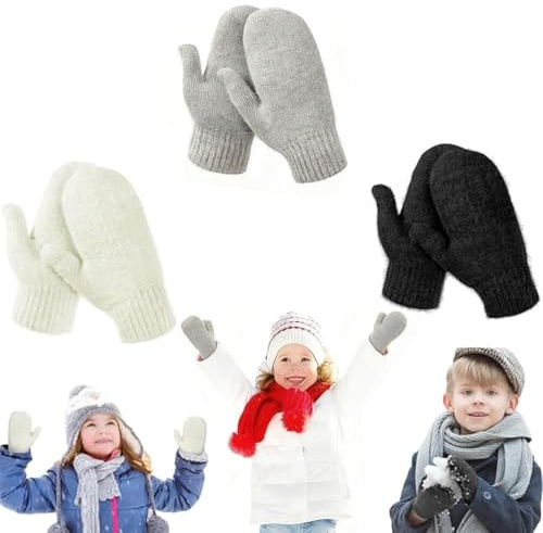 YCZARD 3Pairs Kids Winter Gloves Children Stretchy Warm Gloves Soft Knit Kids Glove Toddler Stretch Mittens 4-11Years Black White Grey