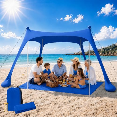 Tenda da Spiaggia UPF50+ con Tappeto, Parasole Antivento Portatile | Rifugio con Ancore di Sabbia e Aste in Alluminio, Facile Montaggio per Campeggio, Spiaggia e Picnic, 10X10FT Blu Scuro