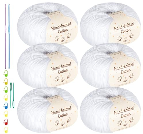 ilauke Baumwolle zum Häkeln 6 x 50g Weiß Babywolle zum Stricken Weich | Häkelgarn Komplett-Set mit Häkelzubehör, Baumwolle Atmungsaktiv Hautfreundlich, für Babydecke Kleidung Topflappen Taschen