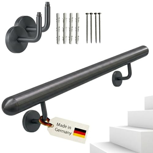 TIBU Edelstahl Handlauf Anthrazit 30-600cm Komplett-Set Wandhandlauf Treppe Geländer Rostfrei, Länge 120 cm mit 2 Halter und halbrunde Kappe