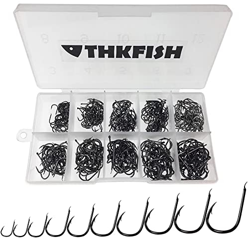 THKFISH Angelhaken Kohlenstoffstahl Angelhaken Set mit Kunststoff Box Angelzubehör Set Augenlos Haken 10Größen 500Stück