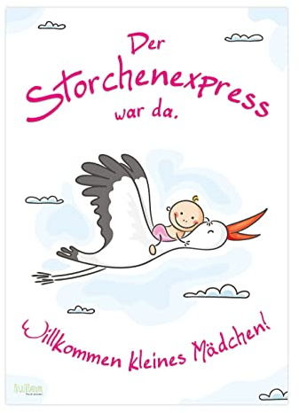 iulias Freude schenken! Poster zur Geburt Mädchen I Storch mit Baby rosa I XL Plakat DIN A2 I Willkommen zu Hause Begrüßung mit Klapperstorch I Geburtsgeschenk Deko Babyparty Geburtsstorch Schild