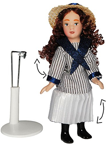 alles-meine.de GmbH Mädchen mit Marine Kleid - Puppe für Puppenstube - Maßstab 1:12 - Porzellan mit echten Haaren incl. Ständer - Biegepuppen Familie Biegepuppe Nostalgie Porzell..