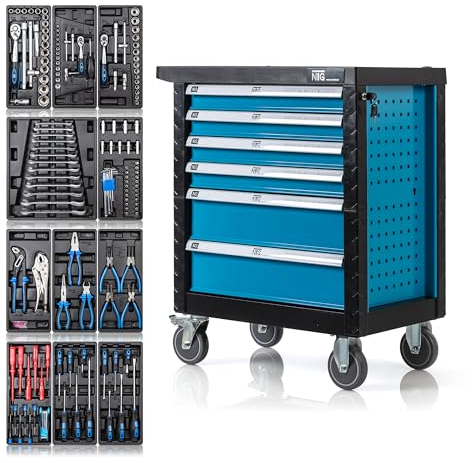 Werkzeugwagen bestückt mit Werkzeug 220 tlg. | 6 Schubladen | Abschließbar | davon 4 mit Werkzeug | kugelgelagerte Schubladen | Feststellbremse | Werkstattwagen gefüllt Werkzeugkasten Werkzeugkiste
