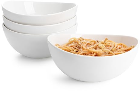 Sweese 42oz Porcelain Serving Bowls - Set of 4, 8-Inch White Bowls for Salad, Soup, Pasta & More - Microwave, Dishwasher & Oven Safe