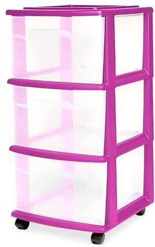 HOMZ Drawer Tower, 3-Tier Clear Plastic Storage Organizer Cart, Purple Frame - Rolling Drawer Containers with Wheels for Bathroom, Bedroom, Office, and Classroom Organization