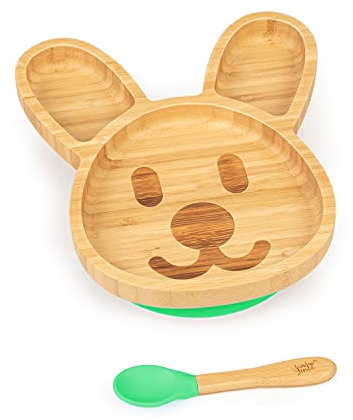 bambuswald© Geschirr Set für Babys & Kleinkinder - Hase Kindergeschirr Löffel Teller Schüssel - Nachhaltig & Ökologisch | Babyteller Kindergeschirr-Set Frühstücksset Saugnapfplatte Fütterung