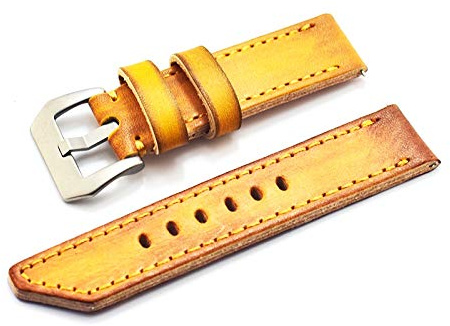 ZXF Uhrenarmbänder Leder, 22mm 24mm 26mm Lederband Vintage Gelb Handgemachte Strafe Herren Strap Herren Ersatzband Armband Armband Armband (Band Width : 24mm)