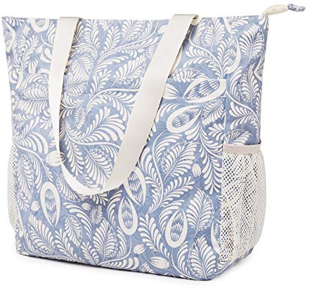 WANDF Floral Beach Tote Water-resistant Beach Bag Large Shoulder Bag for Yoga Travel with Multi Pockets (Blue Leaf)