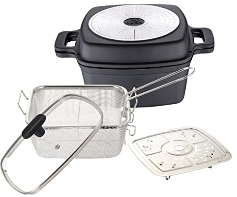 MasterPRO Foodies Juego de ollas 5 piezas en 1 | Juego multifunción de aluminio fundido | Cocinar, asar, freír y cocer al vapor | Incluye accesorios | Para todo tipo de fuegos, tamaño grande