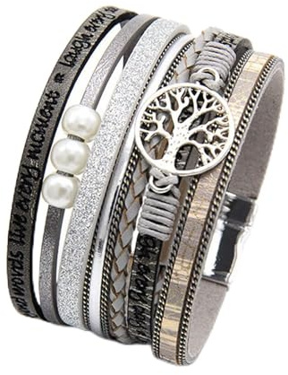 LSxAB Tree of Life Grey Leather Wrap Bracelet for Women Handmade Colorful Multi-Layer Wrapped Wristband Bracelets