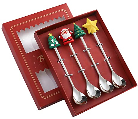 KONG JIMFAN Weihnachtslöffel Gabel Set,Edelstahl Weihnachtskaffeelöffel Teelöffel Set Weihnachts Kaffee-Rührlöffel Teelöffel Dessertlöffel Rührlöffel Edelstahl Löffel,für Bar Café Küche Tischdeko