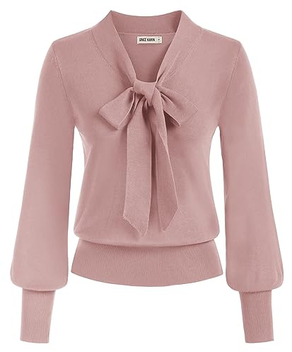 GRACE KARIN Bowknot V-Neck Crochet Jumpers for Women UK Elastic Knitwear