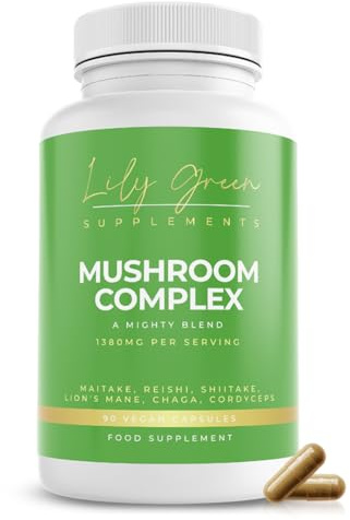 Lily Green Organic Mushroom Complex Capsules 1380mg per Serving | Mushroom Blends (Maitake, Reishi, Shiitake, Lion's Mane, Chaga & Cordyceps) | No Artificial Additives | Made in UK | 90 Capsules