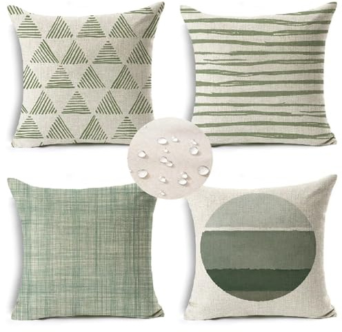 Kissenbezug 40x40 cm Salbeigrün 4er Set Outdoor Kissen Wetterfest Sofakissen Leinen Deko Kissen Quadratische Kissenbezüge Blume Zierkissen, Lounge Kissen Outdoor für Garten Balkon Terrasse S 365