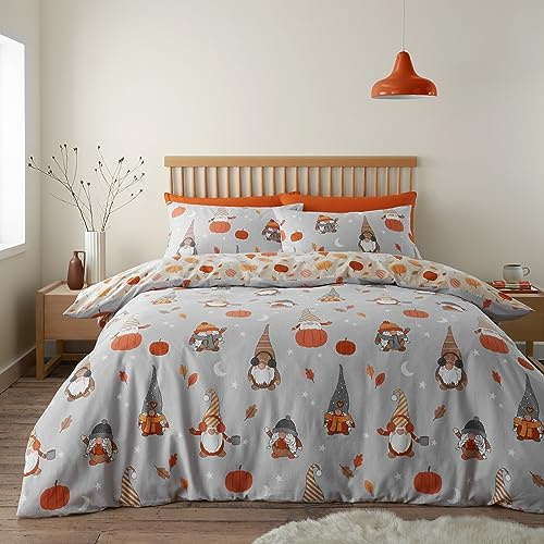 Catherine Lansfield Brushed Cotton Autumn Gonks Reversible Double Duvet Cover Set with Pillowcases Grey