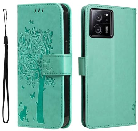 GOKEN Hülle für Xiaomi 13T / Xiaomi 13T Pro, Schutzhülle Case Cover TPU PU Flip Leder Brieftasche Handytasche mit Kartenfächer Standfunktion, Klapp Handyhülle Geprägt Muster, Grün