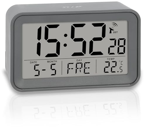 ADE Digitaler Funkwecker mit Licht | Wecker mit Temperaturanzeige und Kalender | kompakter Reisewecker | hübsches matt graues Gehäuse | mit Batterie