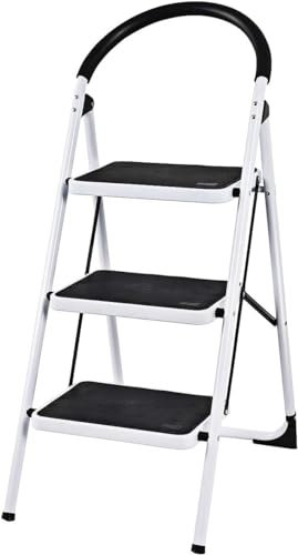 Escalera Plegable de Metal Domestica, Taburete Plegable peldaño Extra Ancho y con Apoyabrazos Carga hasta 150 KG, (3 peldaños)