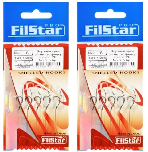 PRO FILSTAR Angelhaken Set mit Vorfach für Method Feeder 10 Stück, Größe 6, Flechtschnur 10cm, Dia 0,12mm - Angeln Karpfen Zubehör - Ringhaken für Pellets - Ring Hook - Rig Haken Set - Sport Set