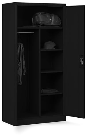 Domator Metallschrank 185 x 90 x 45 cm | Aktenschrank Abschließbar mit Kleiderstange, Pulverbeschichtung | Aufbewahrungsschrank Umkleideschrank Spind Kleiderstange | Schwarz