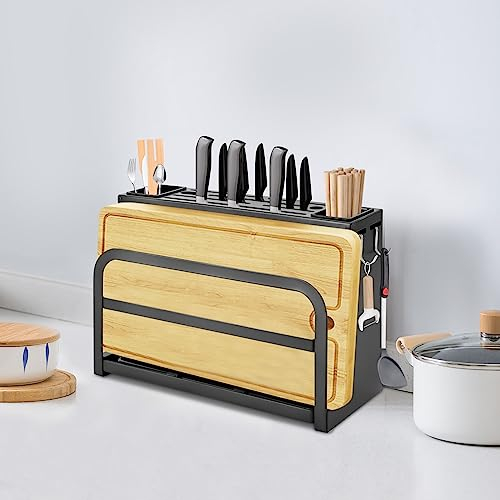 LUNICASHA Bloc à couteaux universel en acier au carbone avec 10 fentes - Noir - Avec 4 crochets - Pour couteaux et planches à découper - Rangement dans la cuisine