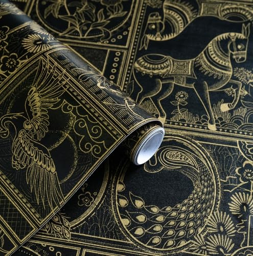 Erfoni 394x17.7 Vintage Peel and Stick Wallpaper Black and Gold Contact Paper Peel and Stick Removable Animal Pattern Wall Paper DIY Waterproof Self Adhesive Wallpaper for Accent Wall Covering