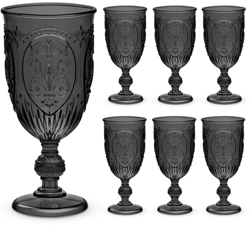 Wiwiqing 6 Pcs Plastic Wine Glasses Vintage Goblets,Black | Embossed Vintage Goblets, 7.5oz Capacity, For Wedding Receptions, Baby Showers, Bar Parties, Juice Water Wine Serving