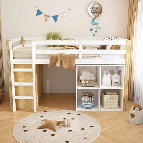 I0I&I0I Multifunctional Children's High Bed with Storage, Wooden Bed with Two Cabinets and Ladder (Natural & White, 90x200 cm)