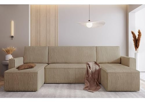 Easy4You Beige Ecksofa Mimir Kord in U-Form 303 x 80 x 145 cm mit Schlaffunktion und Bettzeugbehälter - Schlafsofa mit Bettkasten - Eckcouch mit Stauraum - Stoff: POSO 02