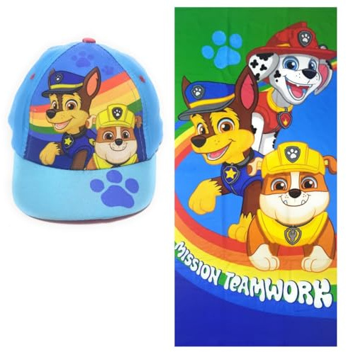 Paw Patrol Handtuch für Strand oder Pool + Kindermütze | Badetuch und Paw Patrol Mütze | Mütze + Handtuch Chase, Marshall und Rubble (Blau, 140 x 70 cm)