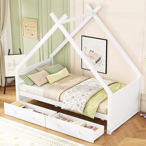 Kinderbett Hausbett 90 x 200 cm, Bett mit 2 Schubladen & Dach, Einzelbett mit Lattenrost, minimalistisches Design, Flachbett Holzbett Kinderbett Jugendbett für Jungen & Mädchen, Ohne Matratze, Weiß