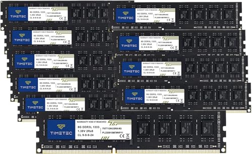 Timetec 80GB KIT(10x8GB) DDR3 / DDR3L 1333MHz PC3-10600 Non-ECC Unbuffered 1.5V / 1.35V CL9 2Rx8 Dual Rank 240 Pin UDIMM PC Desktop Computer Memory RAM Module Upgrade (80GB KIT(10x8GB))
