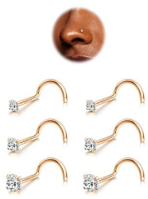 BodyBonita 6pcs Nose Studs - 316L Surgical Steel Corkscrew Nose Rings 18G/20G/22G Piercing Stud 1.5mm 2mm 3mm CZ Screw Studs Nostril Piercing Jewellery for Women Men