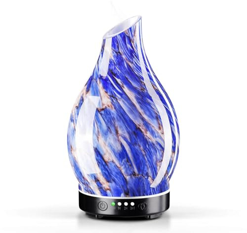 Porseme Aroma Diffuser 150ml,Handgeblasen Glas Diffuser für Ätherische Öle, Luftbefeuchter mit Timer Ultraschall Cool Mist Leise,7 Arten LED Lichtfarben,Wasserlos Auto-off Defuser für Heim (Deep Blue)